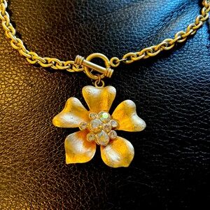 Gorgeous Oversize Poppy Necklace Antiqued Gold Aurora Borealis Crystals 18 in